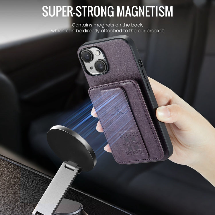 For iPhone 15 Fierre Shann Oil Wax Cow Leather Card Holder Back Phone Case(Purple)
