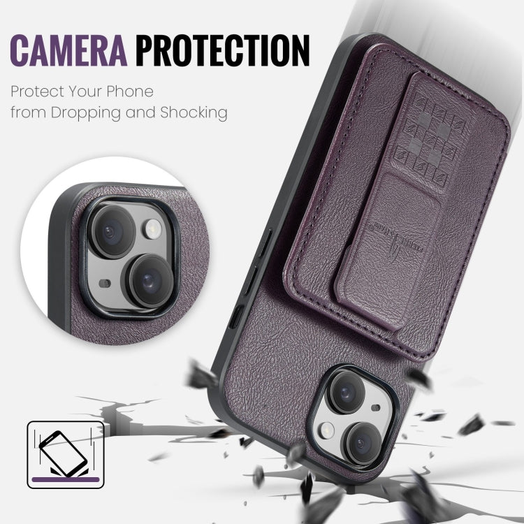 For iPhone 15 Fierre Shann Oil Wax Cow Leather Card Holder Back Phone Case(Purple)