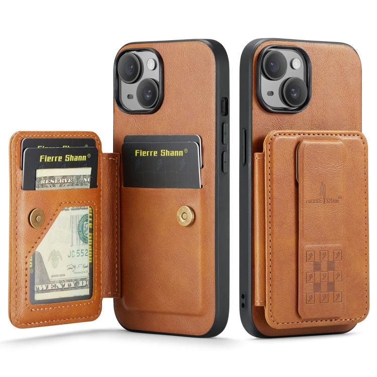 Pour iPhone 15, coque arrière Fierre Shann en cuir de vachette ciré avec porte-cartes (marron)