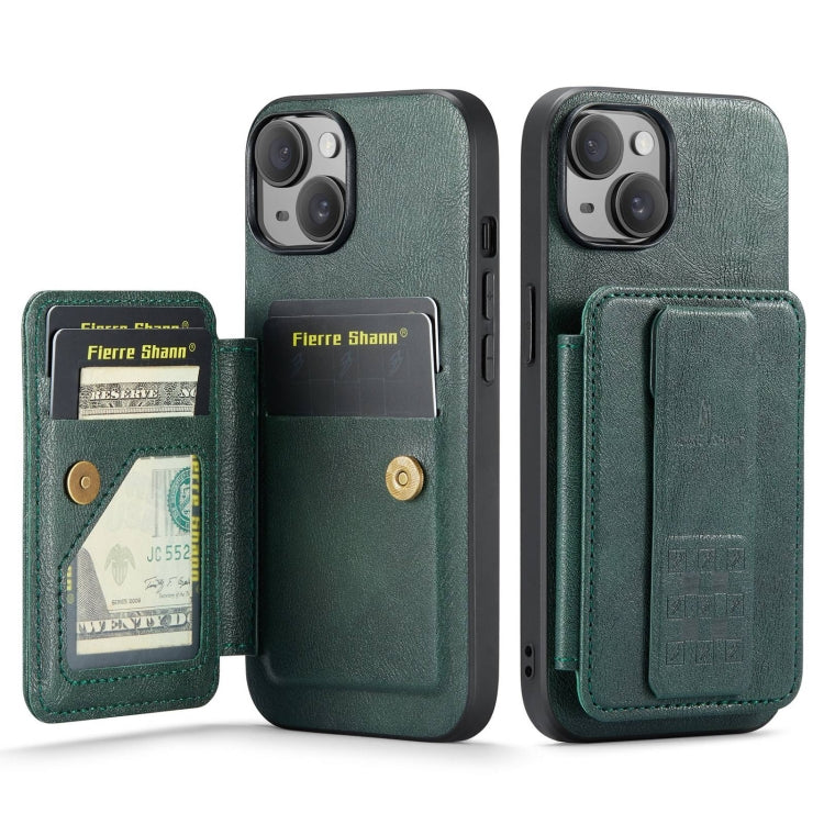 For iPhone 14 Plus Fierre Shann Oil Wax Cow Leather Card Holder Back Phone Case(Green)