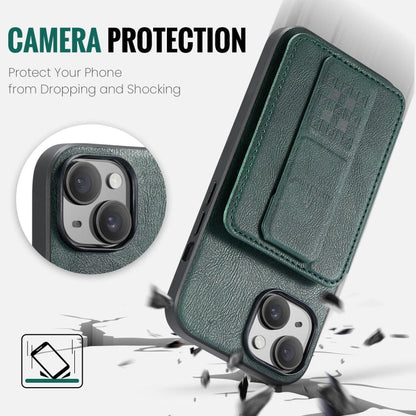 For iPhone 14 Plus Fierre Shann Oil Wax Cow Leather Card Holder Back Phone Case(Green)