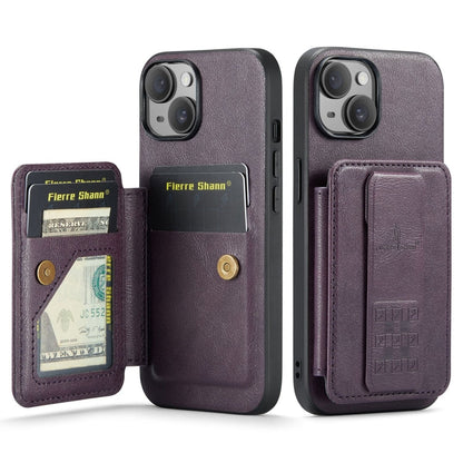 For iPhone 14 Plus Fierre Shann Oil Wax Cow Leather Card Holder Back Phone Case(Purple)