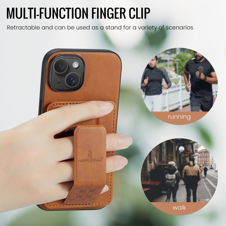 For iPhone 14 Plus Fierre Shann Oil Wax Cow Leather Card Holder Back Phone Case(Brown)