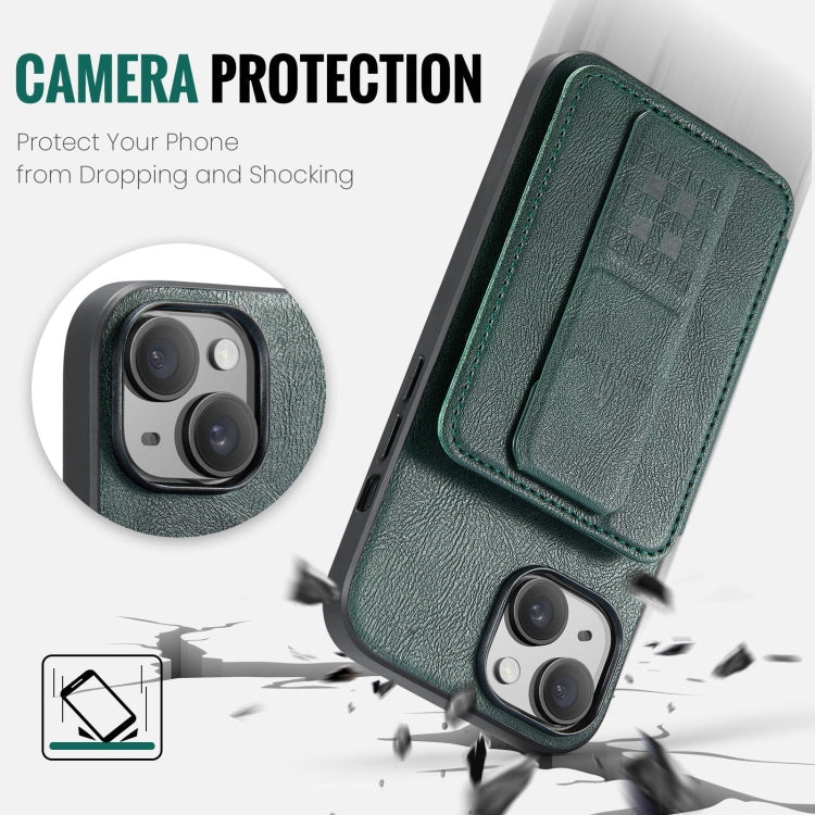 For iPhone 14 Fierre Shann Oil Wax Cow Leather Card Holder Back Phone Case(Green)