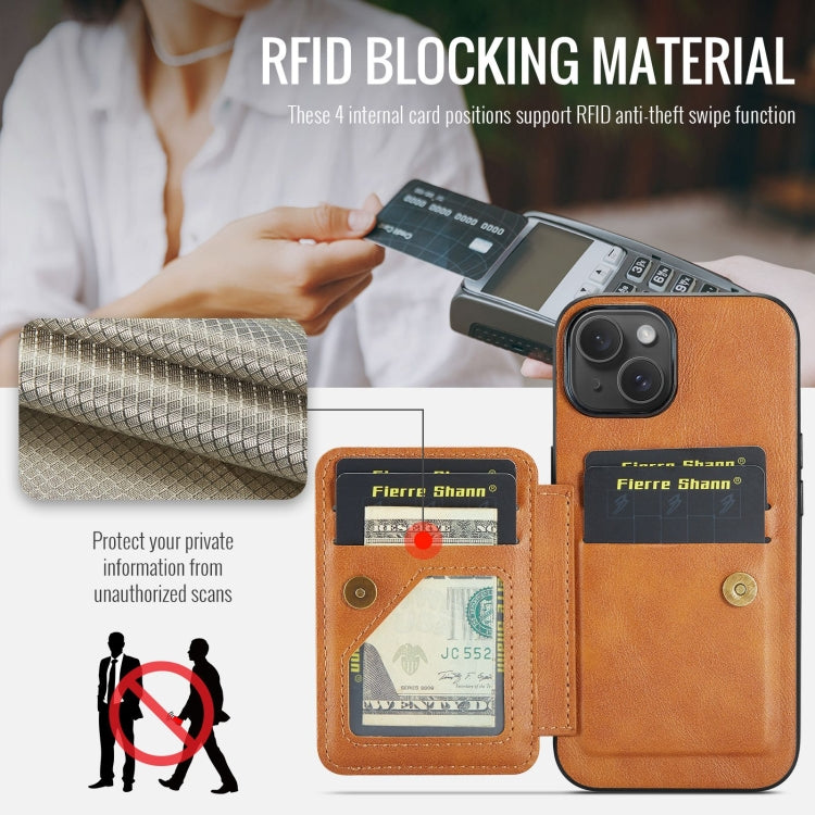 For iPhone 14 Fierre Shann Oil Wax Cow Leather Card Holder Back Phone Case(Brown)