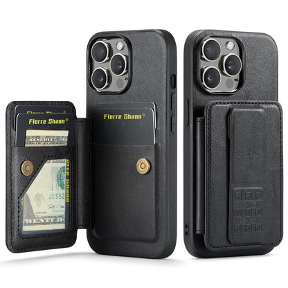 Pour iPhone 14 Pro Fierre Shann Étui de téléphone arrière en cuir de vachette ciré avec porte-cartes (Noir)