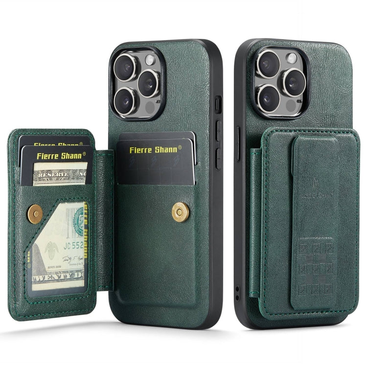 Pour iPhone 14 Pro Fierre Shann Oil Wax Cow Leather Card Holder Coque Arrière de Téléphone (Vert)