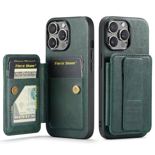 For iPhone 14 Pro Fierre Shann Oil Wax Cow Leather Card Holder Back Phone Case(Green)