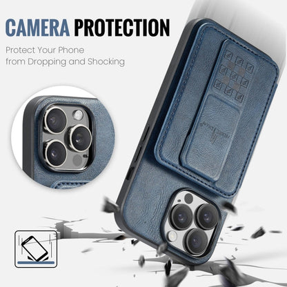 For iPhone 14 Pro Fierre Shann Oil Wax Cow Leather Card Holder Back Phone Case(Blue)