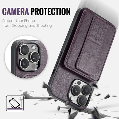 For iPhone 14 Pro Fierre Shann Oil Wax Cow Leather Card Holder Back Phone Case(Purple)