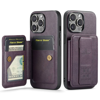 For iPhone 14 Pro Fierre Shann Oil Wax Cow Leather Card Holder Back Phone Case(Purple)