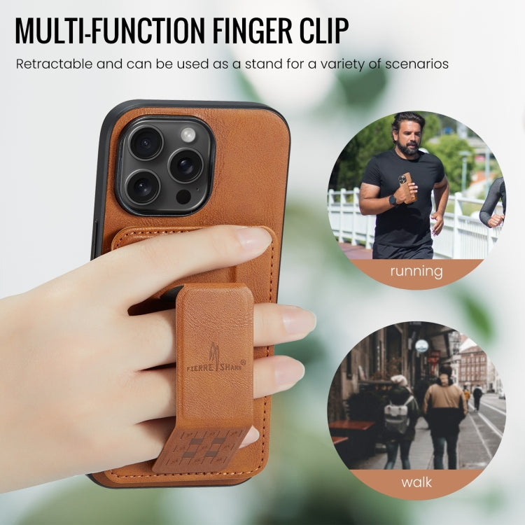 Pour iPhone 14 Pro Fierre Shann Étui de téléphone arrière en cuir de vachette ciré avec porte-cartes (marron)