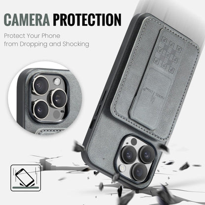 For iPhone 14 Pro Max Fierre Shann Oil Wax Cow Leather Card Holder Back Phone Case(Grey)