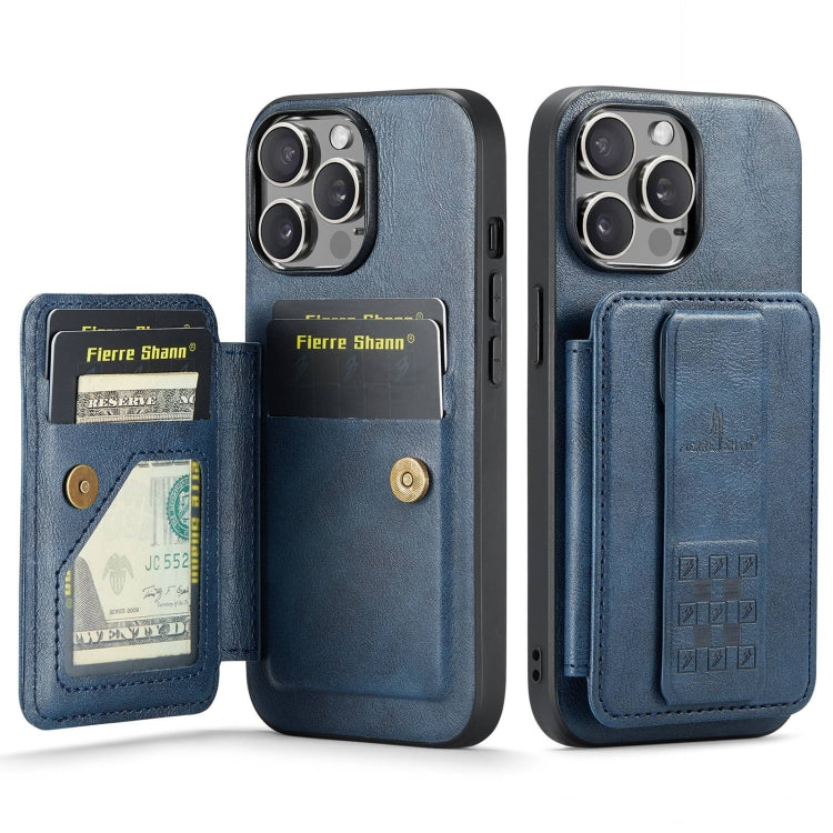 For iPhone 14 Pro Max Fierre Shann Oil Wax Cow Leather Card Holder Back Phone Case(Blue)