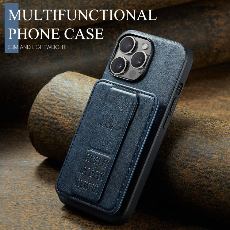 For iPhone 14 Pro Max Fierre Shann Oil Wax Cow Leather Card Holder Back Phone Case(Blue)