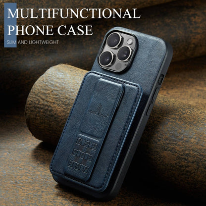 For iPhone 14 Pro Max Fierre Shann Oil Wax Cow Leather Card Holder Back Phone Case(Blue)