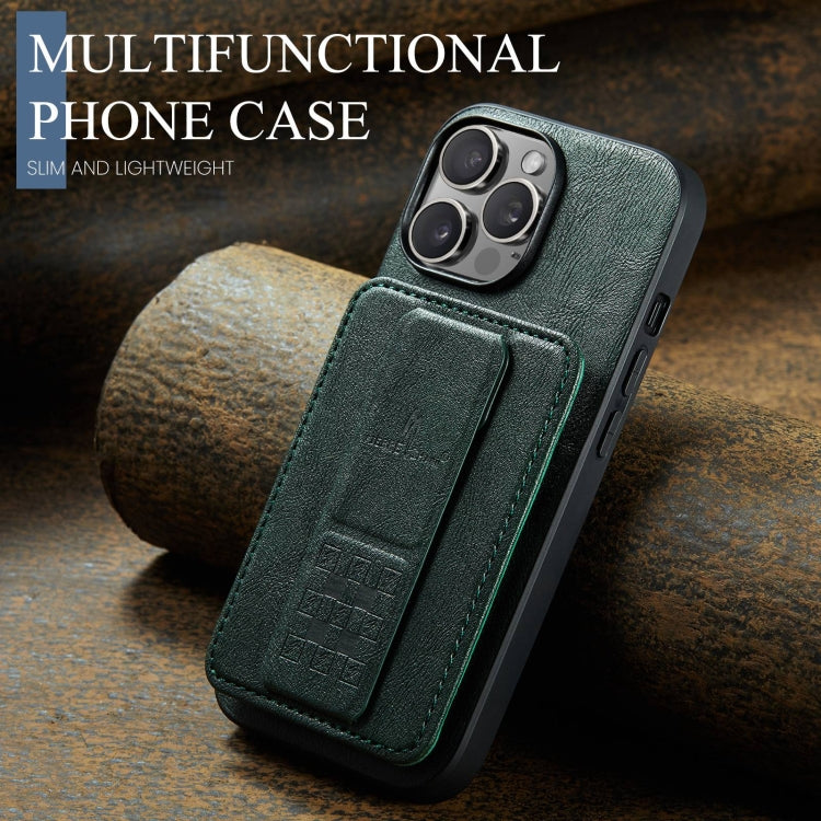 For iPhone 13 Pro Max Fierre Shann Oil Wax Cow Leather Card Holder Back Phone Case(Green)