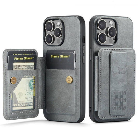 Pour iPhone 13 Pro Max Fierre Shann Étui de téléphone arrière en cuir de vachette ciré avec porte-cartes (gris)