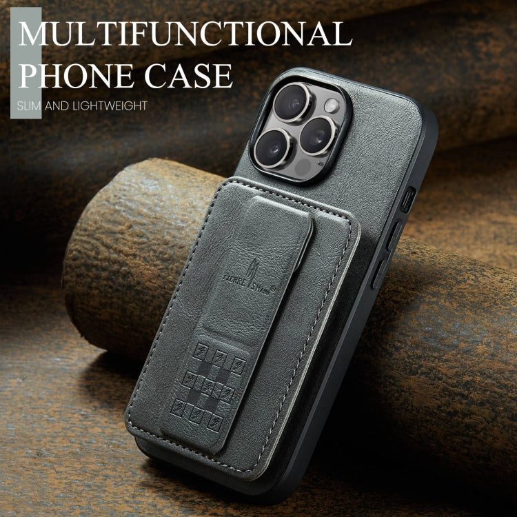 For iPhone 13 Pro Max Fierre Shann Oil Wax Cow Leather Card Holder Back Phone Case(Grey)