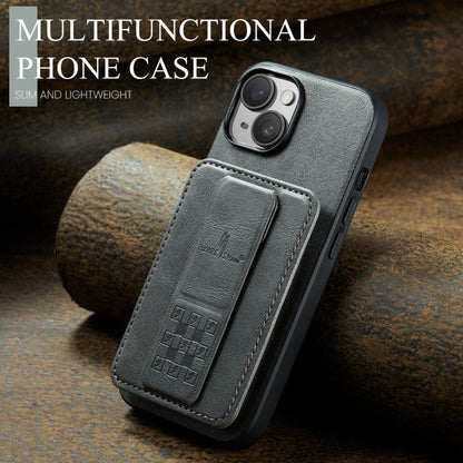 For iPhone 13 Fierre Shann Oil Wax Cow Leather Card Holder Back Phone Case(Grey)