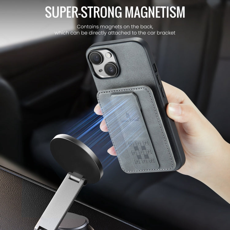 For iPhone 13 Fierre Shann Oil Wax Cow Leather Card Holder Back Phone Case(Grey)