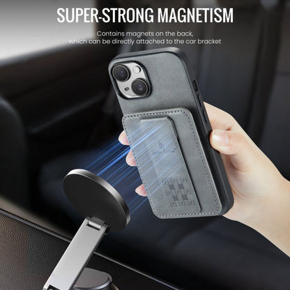 For iPhone 13 Fierre Shann Oil Wax Cow Leather Card Holder Back Phone Case(Grey)