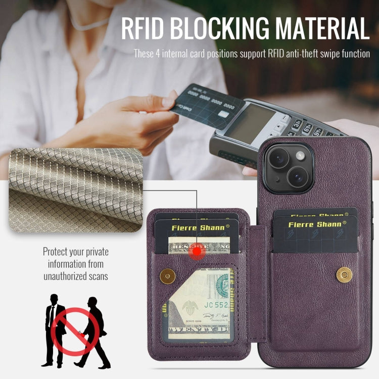 For iPhone 13 Fierre Shann Oil Wax Cow Leather Card Holder Back Phone Case(Purple)