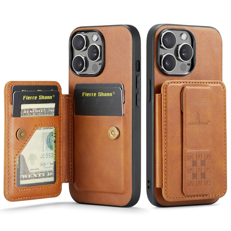 For iPhone 12 / 12 Pro Fierre Shann Oil Wax Cow Leather Card Holder Back Phone Case(Brown)