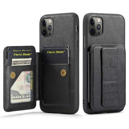 For iPhone 11 Pro Max Fierre Shann Oil Wax Cow Leather Card Holder Back Phone Case(Black)