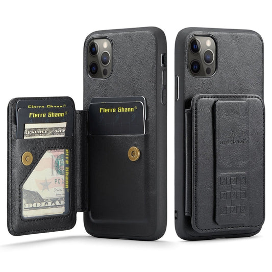 For iPhone 11 Pro Max Fierre Shann Oil Wax Cow Leather Card Holder Back Phone Case(Black)