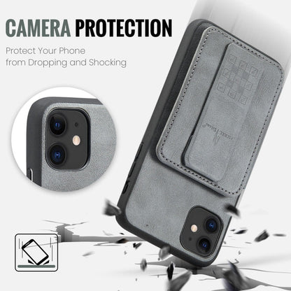 For iPhone 11 Pro Max Fierre Shann Oil Wax Cow Leather Card Holder Back Phone Case(Grey)