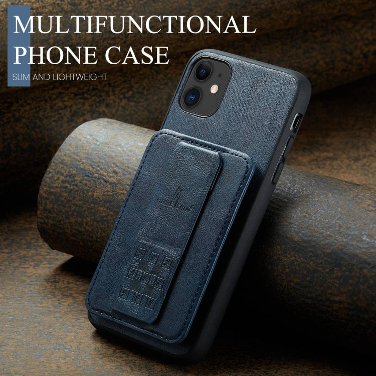 For iPhone 11 Pro Max Fierre Shann Oil Wax Cow Leather Card Holder Back Phone Case(Blue)