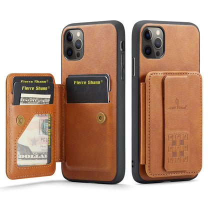 For iPhone 11 Pro Max Fierre Shann Oil Wax Cow Leather Card Holder Back Phone Case(Brown)