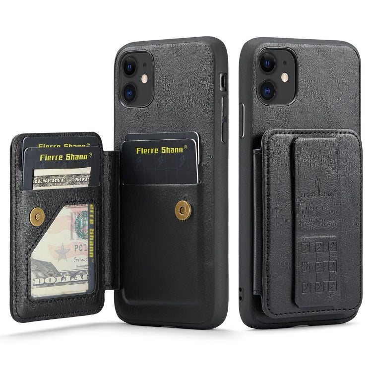 For iPhone 11 Fierre Shann Oil Wax Cow Leather Card Holder Back Phone Case(Black)