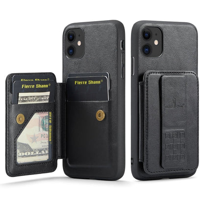 For iPhone 11 Fierre Shann Oil Wax Cow Leather Card Holder Back Phone Case(Black)