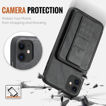 For iPhone 11 Fierre Shann Oil Wax Cow Leather Card Holder Back Phone Case(Black)