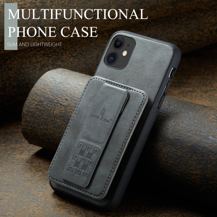 For iPhone 11 Fierre Shann Oil Wax Cow Leather Card Holder Back Phone Case(Grey)