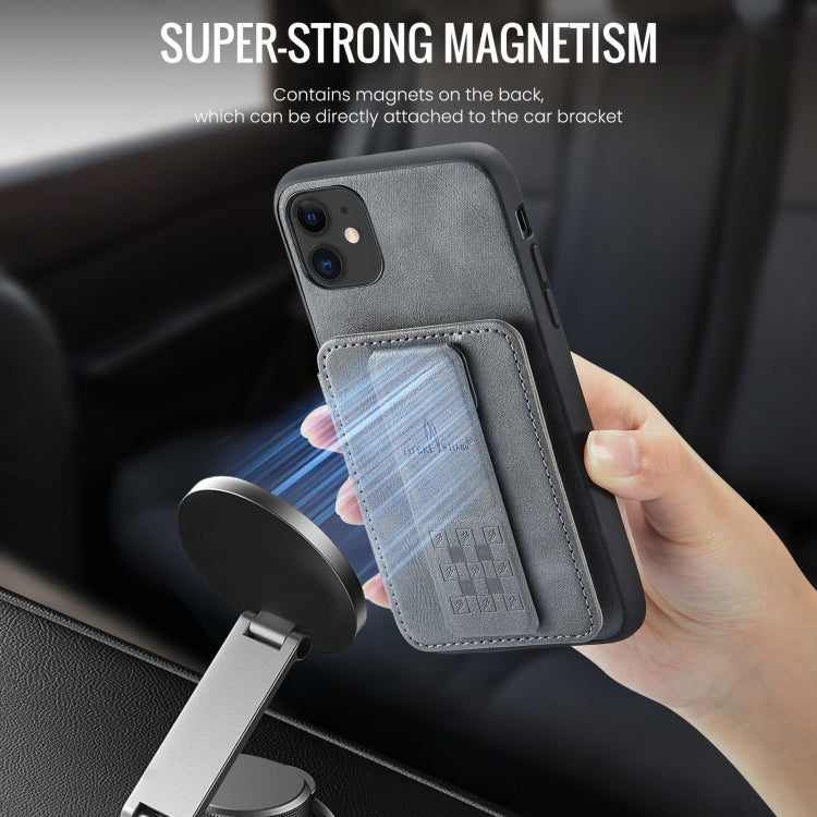 For iPhone 11 Fierre Shann Oil Wax Cow Leather Card Holder Back Phone Case(Grey)