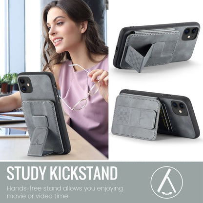 For iPhone 11 Fierre Shann Oil Wax Cow Leather Card Holder Back Phone Case(Grey)