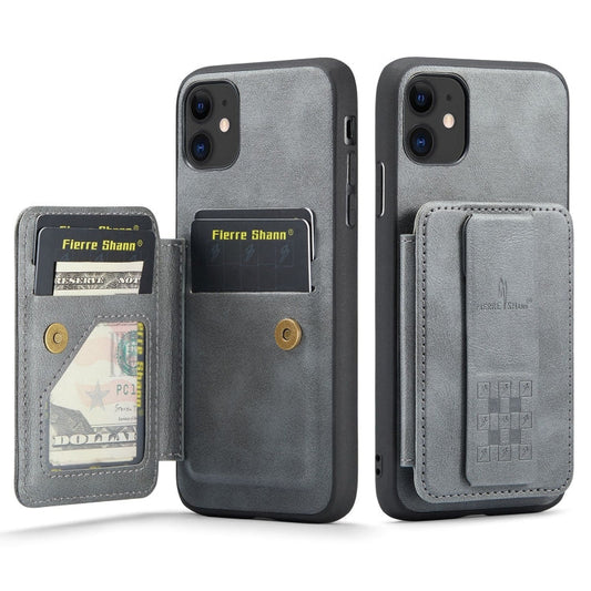 For iPhone 11 Fierre Shann Oil Wax Cow Leather Card Holder Back Phone Case(Grey)