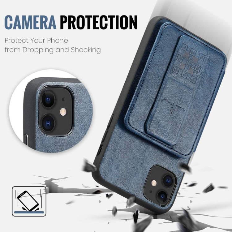 For iPhone 11 Fierre Shann Oil Wax Cow Leather Card Holder Back Phone Case(Blue)