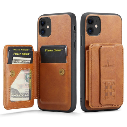 For iPhone 11 Fierre Shann Oil Wax Cow Leather Card Holder Back Phone Case(Brown)