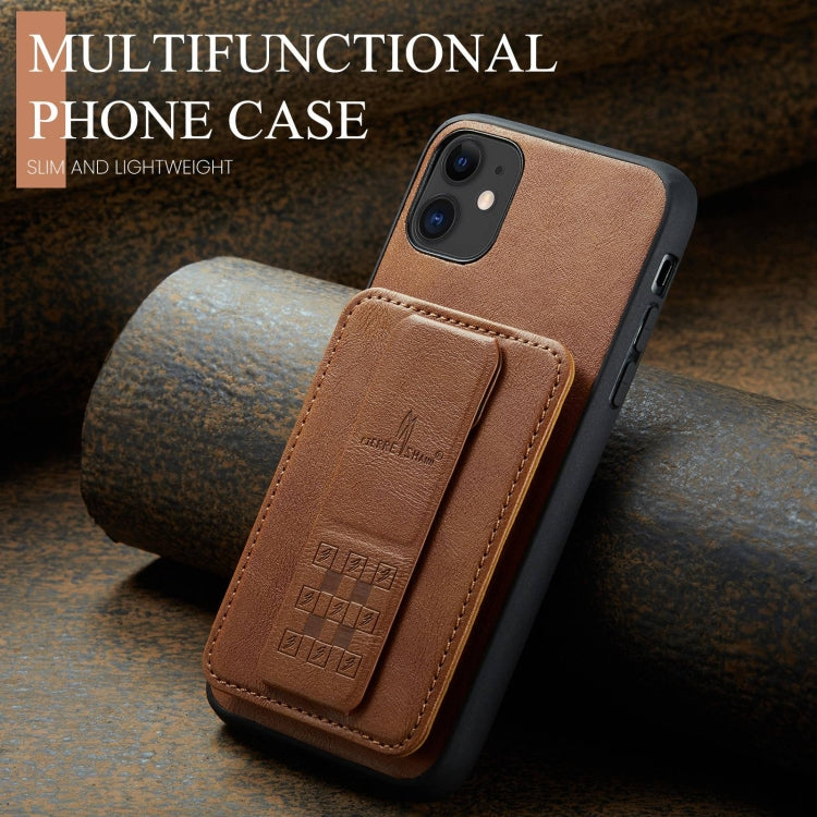 For iPhone 11 Fierre Shann Oil Wax Cow Leather Card Holder Back Phone Case(Brown)