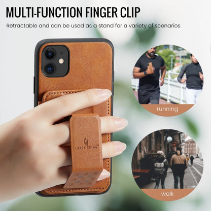 For iPhone 11 Fierre Shann Oil Wax Cow Leather Card Holder Back Phone Case(Brown)