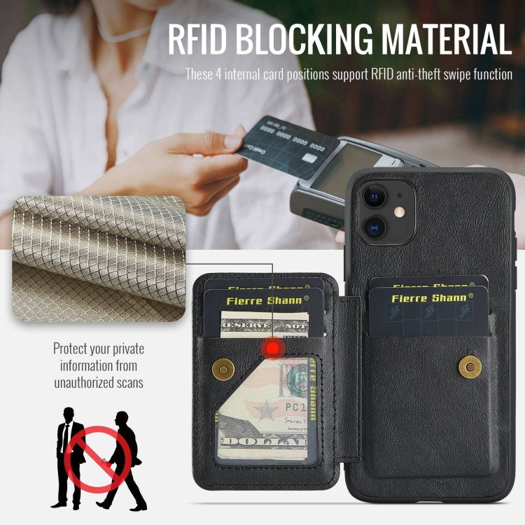 For iPhone 11 Pro Fierre Shann Oil Wax Cow Leather Card Holder Back Phone Case(Black)