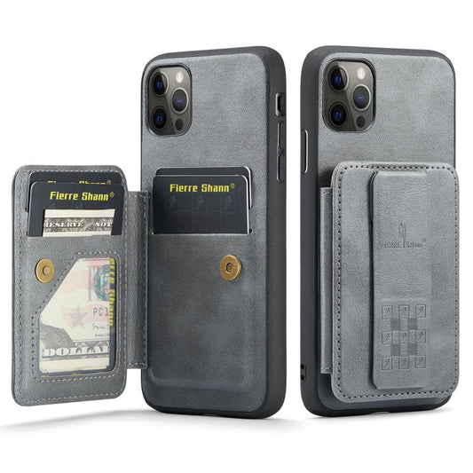 For iPhone 11 Pro Fierre Shann Oil Wax Cow Leather Card Holder Back Phone Case(Grey)