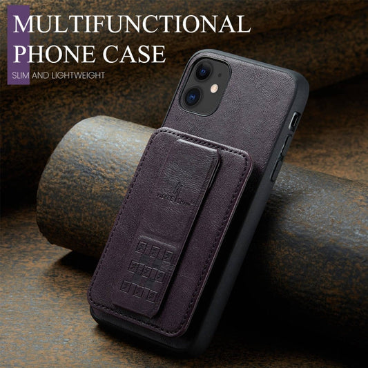 For iPhone 11 Pro Fierre Shann Oil Wax Cow Leather Card Holder Back Phone Case(Purple)