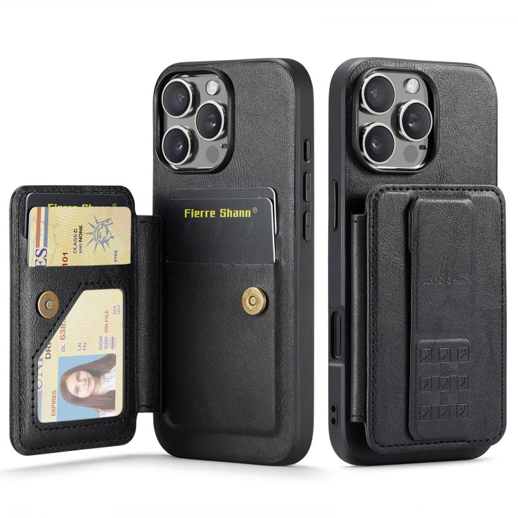 Pour iPhone 16 Pro Fierre Shann, étui de téléphone en cuir de vachette ciré avec porte-cartes arrière (noir)
