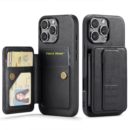 Pour iPhone 16 Pro Fierre Shann, étui de téléphone en cuir de vachette ciré avec porte-cartes arrière (noir)