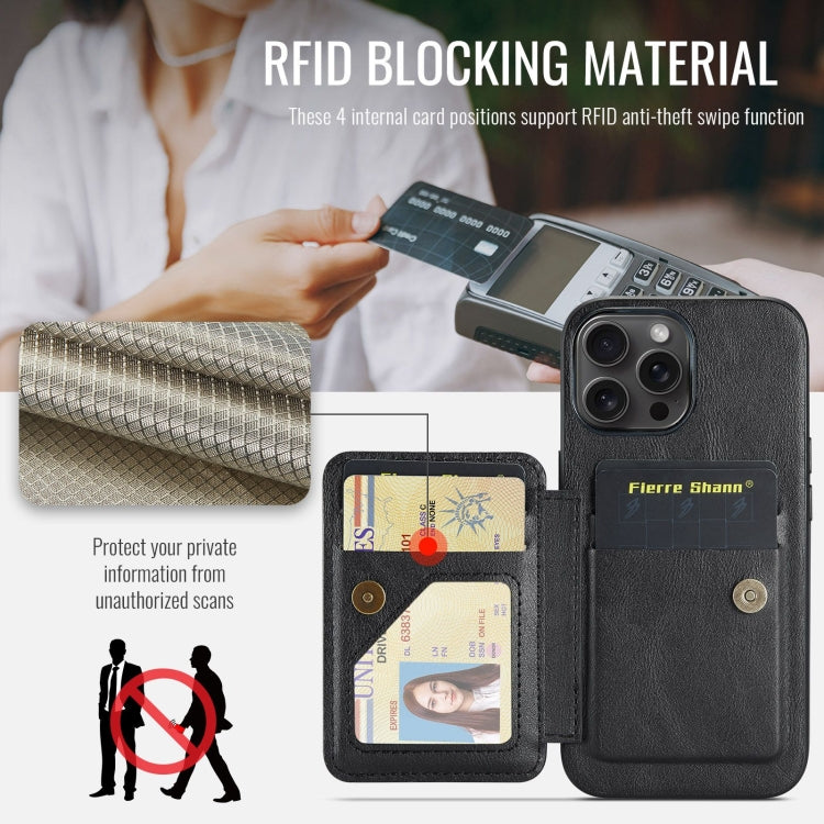 Pour iPhone 16 Pro Fierre Shann, étui de téléphone en cuir de vachette ciré avec porte-cartes arrière (noir)